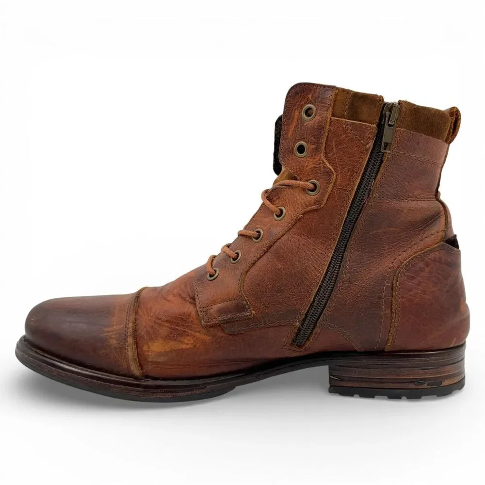 Freebird Men's Distressed Leather Lace Up Zipper Cap Toe Boots Brown EU45/US12